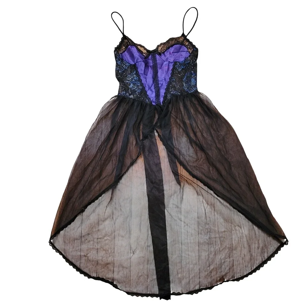 Nan Flower S Nightgown Purple Black Lace High Low Mesh Vintage Sexy Lingerie